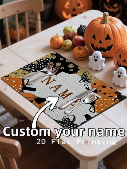 1pc Customizable Halloween Ghost Plaid Pumpkin Striped Linen Placemat, 32*42cm, Kitchen Dining Decor, Fashionable Holiday Table Mat, Suitable For Holiday Decorations, Dining Tables, Scenes, Weddings, Banquets, Party Supplies