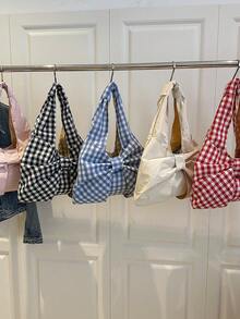 Women's Checkered Bow Decoration Shoulder Underarm Bag, Sweet And Cool Outdoor Vacation Travel Bag, Multifunctional Daily Commuting Shopping Shoulder Bag, Casual Cell Phone Coin Storage Bag, Cute Bow Bag For Women , Bow