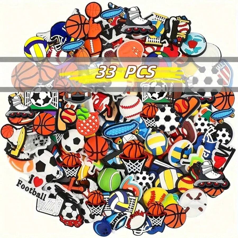 15/22/33pcs Random Sports Charms (Football/Basketball/Baseball/Softball/Volleyball/Hockey), PVC Crocodile Charm, Suitable For Clogs, Sandals, Bracelets, Gift For Men, Women, Kids, Teens, Party - Sports Theme - View 1