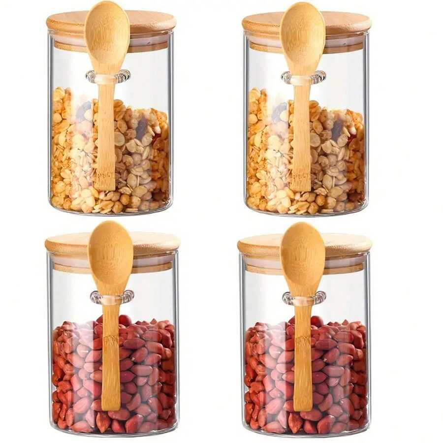 Glass Storage Jars With Bamboo Lids & Spoons Set, Airtight Containers For Kitchen Pantry, Ideal For Storing Spices, Nuts, Herbs