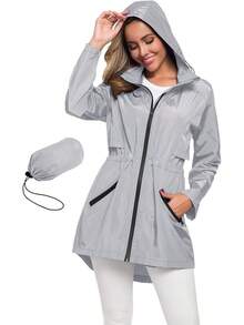 Women's Long Raincoat With Hood Outdoor Lightweight Windbreaker Waterproof - Xám - Xem 1