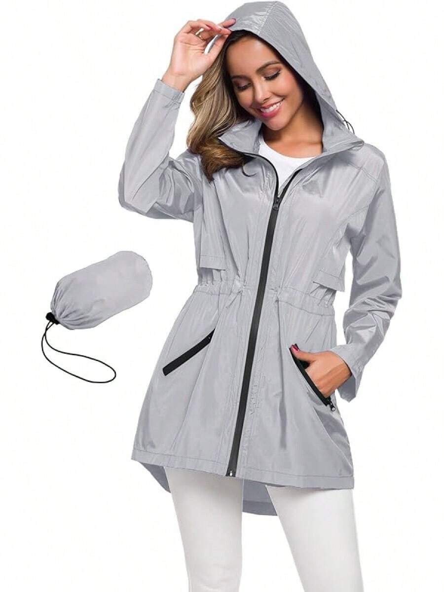 Women's Long Raincoat With Hood Outdoor Lightweight Windbreaker Waterproof - Xám - Xem 1