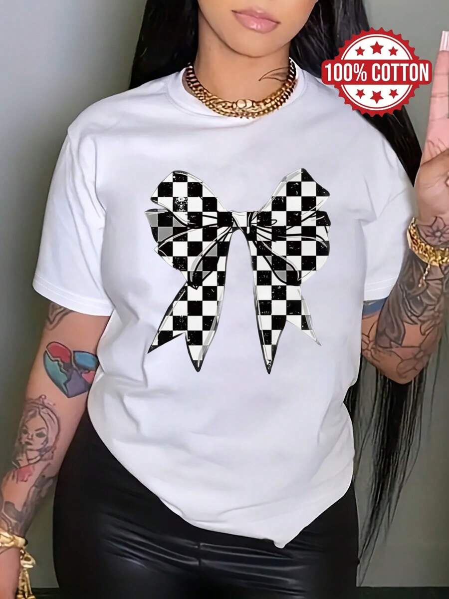 Playera esampado flora 3D plantas moño lazo strass Brillo Estampado Casual Diamante imitación - Blanco - Ver 1