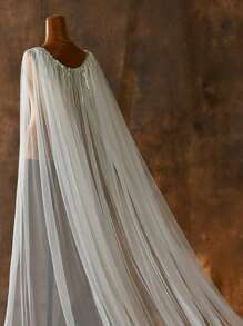 1 pieza Capa nupcial larga con flecos, chal decorado con lentejuelas con broche, elegante para que las mujeres asistan a fiestas de noche, ropa casual de otoño para mujeres