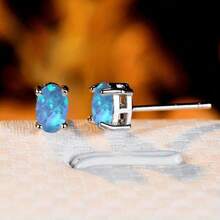 Minimalist Oval Synthetic Opal Natural Stone Stud Earrings - Stylish Gifts For Women & Girls - Perfect For Valentine's Day - 1 - 查看 3