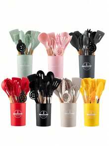 Juego de 14 utensilios de cocina con mangos de madera, que incluye espátula, cuchara y pincel para aceite con recipiente de almacenamiento. Utensilios resistentes al calor ideales para cocinar y hornear en el hogar. - Multicolor - Ver 8