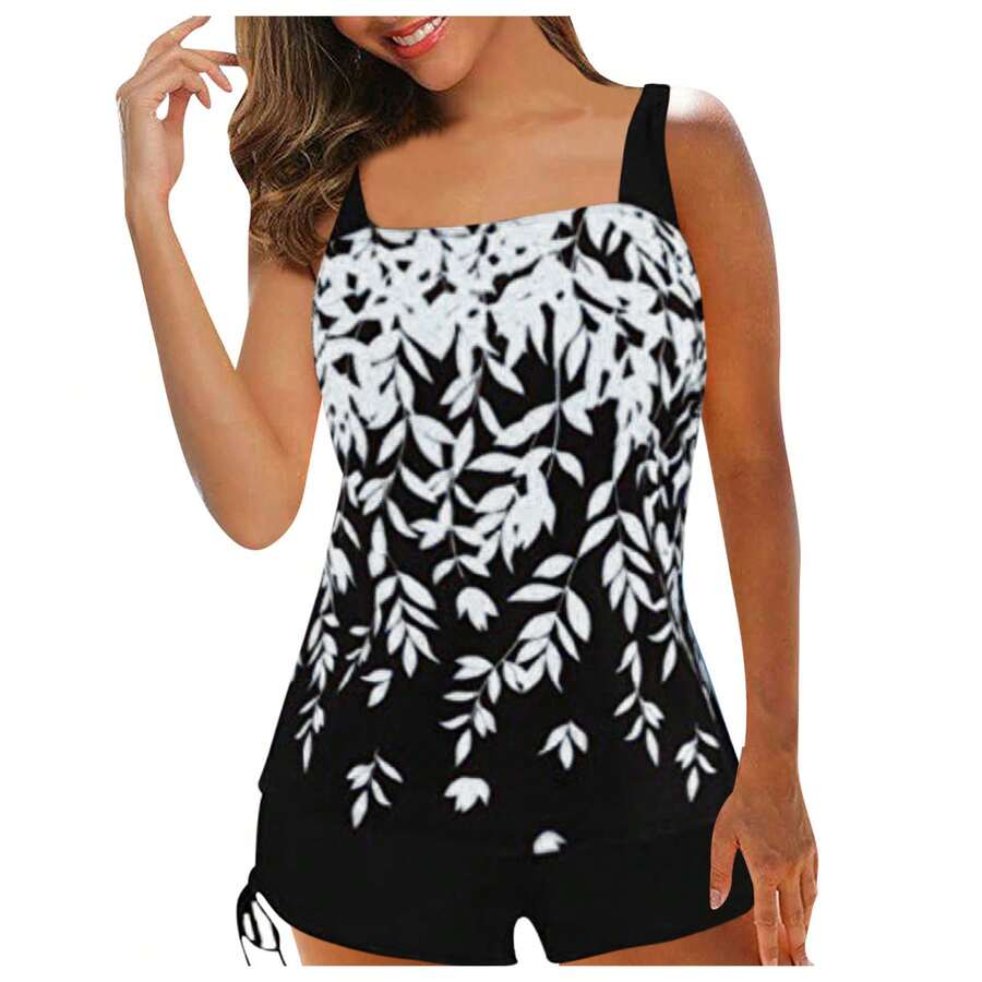 Traje de baño de verano para mujer de 2 piezas, top acolchado con estampado de hojas + shorts con cordón ajustable de color liso para niñas, 5 colores - Blanco - Ver 1
