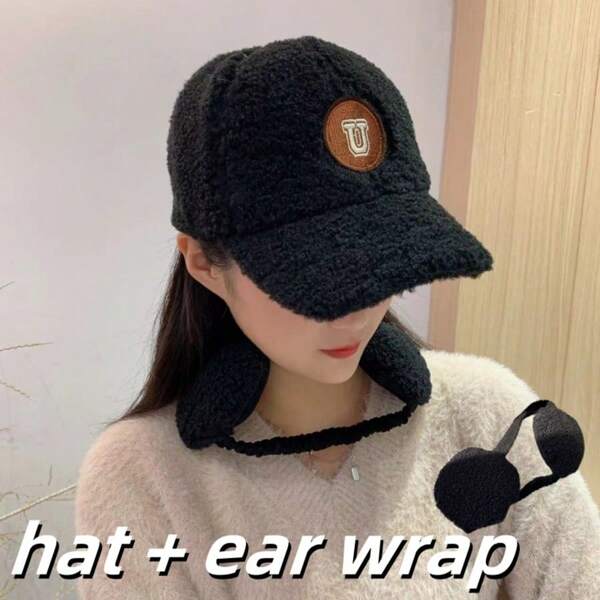 1pc Solid Color Letter Casual Cute Party Polyester Fleece Embroidered Warm Wind-Resistant UPF Protection Women Baseball Cap With Ear Flaps, Autumn/Winter