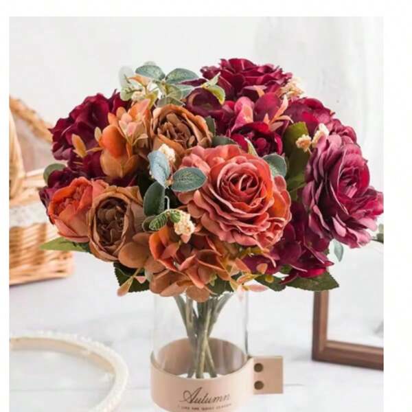 Peonies Artificial Flower Burgundy Silk Rose Bouquet Hydrangea Peony Vintage Wedding Bride Bouquet Fake Flower Home Decoration