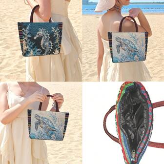 Bohemian Folk Style Double-Sided Embroidery Cartoon Turtle Seahorse Hand Bag Zipper Bag Coin Purse With Inner Bag Environmental Bag Can Hold Mobile Wallet Perfect Gift For Sisters, Lovers, Friends, Summer Travel Must Be Suitable For Beach Play