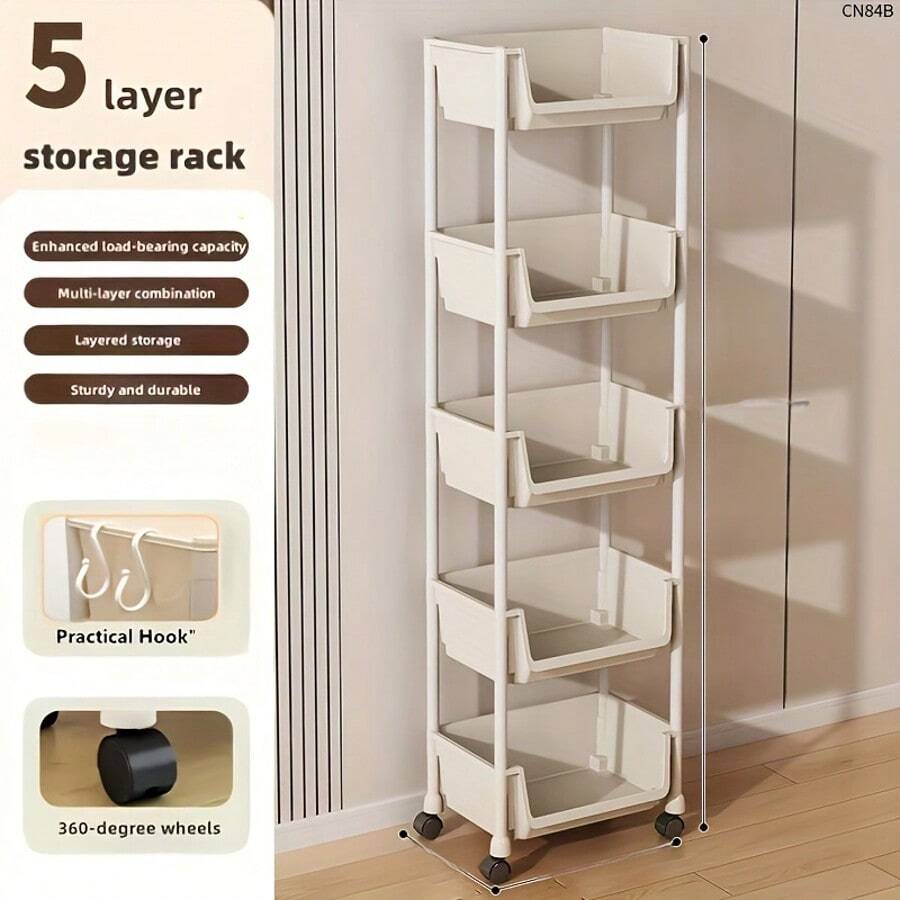 Multi-Layer Storage Rack Multi-Layer SPA Storage Cart - PABA, Non-Electric, Mobile Storage Rack With Wheels, 3/5 Layers, Suitable For Living Room, Bedroom Dormitory Book Storage Rack, Bedside Cart, Utility Cart, Book Cart, Roller Cart, Baby Stroller Storage Box, Kitchen Storage Box, Diaper Cart, Bathroom Storage Box - Trắng - 5 lớp - Xem 1