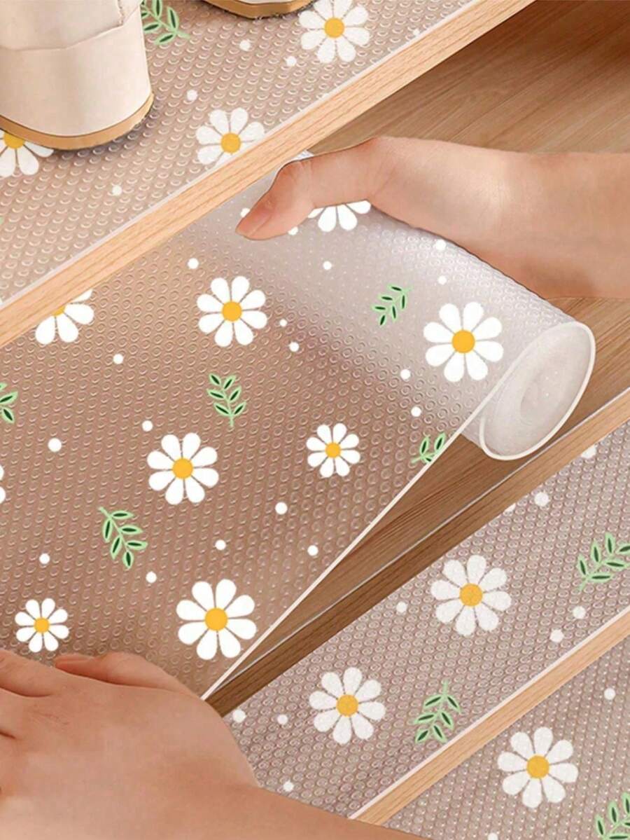 EVA材质清新雏菊山茶花图案防水抽屉内衬,多用途橱柜抽屉内衬适用于厨房、储物柜、冰箱、架子、内衬 - 白色 - 查看 1