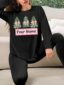 Personalized Plus-Size Women's Pink Christmas Tree & Gift Name Custom Print Lounge Set - Cozy Long Sleeve Crew Neck Top & Stretchy Pants, Soft Polyester Blend, Machine Washable - Perfect For Holiday Home Comfort, Cozy Home Outfit, Casual Comfort Wear, Machine Washable Loungewear, Fall