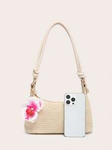 Bolso de hombro para mujer, bolso cuadrado, colgante de flor de cuerda de PU, gran capacidad, ligero, estilo casual y de moda para playa y vacaciones, adecuado para compras y vacaciones, bolso de playa - Albaricoque - Ver 2