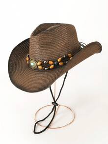 1pc Bull Star Retro Pattern Casual Bohemian Rivets Bow Straw Sun Hat, Versatile For Vacation, Sun Protection, Suitable For All Seasons, Unisex - Gem - View 21