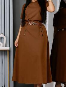 Women's Linen Set Long Skirt + Blouse Sleeve Casual Timeless Elegant - Without Belt - 焦糖棕 - 查看 2