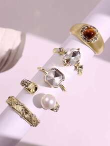 4pcs/Set Fashionable Versatile Sparkling Luxurious Pearl & Rhinestone Ring Set, Elegant Jewelry For Women, Suitable For Daily, Work, Holidays - Multicolor - View 10
