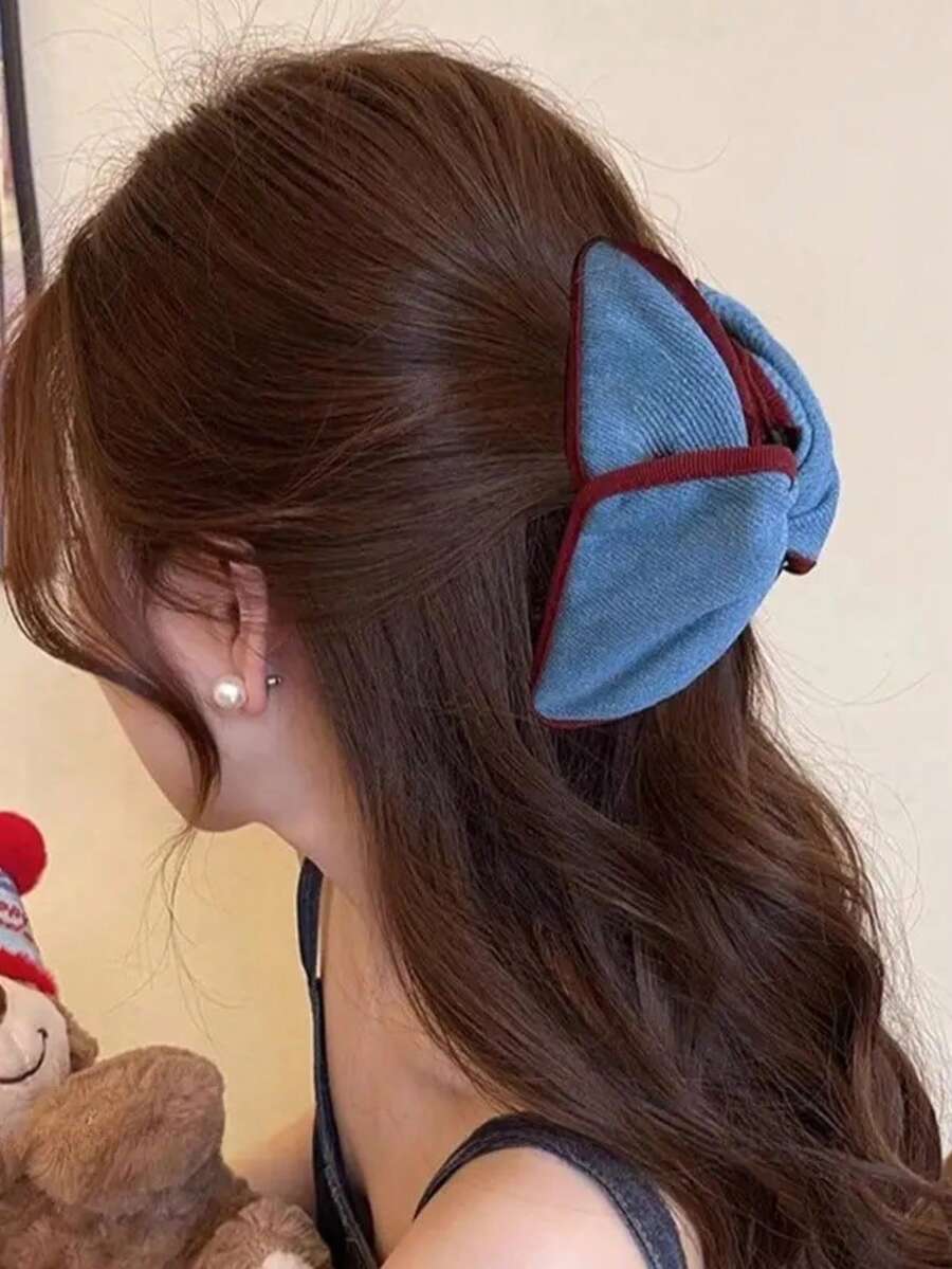 发夹 1 件蓝色牛仔街头风格大号发夹，适合女士发饰、学校用品、大学