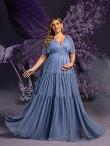 Faeriesty Dressalisa Chic Plus 孕妇 V 领蝴蝶袖长裙 - 飘逸荷叶边设计，适合婚礼、迎婴派对、正式活动、孕妇摄影 - 霧霾藍 - 查看 7
