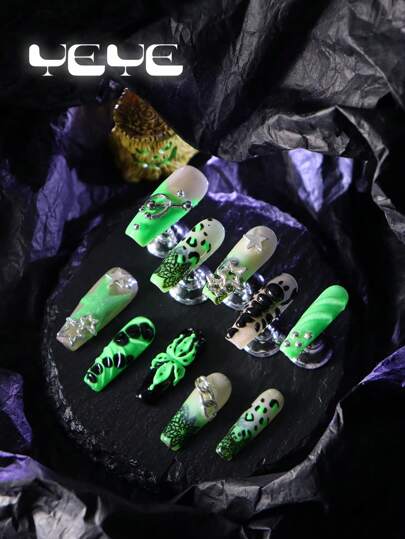 Transform Your Nails With 10pcs Long Coffin Shape Handmade French Tips Green White 3d Three-Dimensional Decoration Devil Flower Stars All Saints' Day Full Coverage Fake Nail Set Elegant Gradient Green Black Lace Luminous Scorpion European Style Full Cover Acrylic Press On Nails Set For Women And Girls Vanity With 1pc Mini Nail File & 1 Sheet Adhesive Tabs