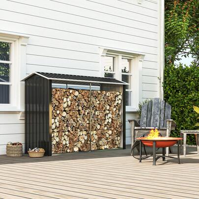 Outsunny Outdoor Log Rack With Raised Base And Sloped Roof, Galvanized Steel Outdoor Firewood Storage Shed, 240 X 86 X 160 Cm, Black