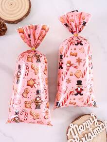 25/50/100pcs Pink Merry Christmas Plastic Gift Bags, Gingerbread Man Pattern, Transparent Candy Bags With Ribbon, 2026 Christmas Decoration, Suitable For Home Christmas Celebration, Durable Party Gift Bags, Gift Wrapping Bags, Winter Holiday Christmas Party Decoration, 2027 Happy New Year, Multi-Purpose Christmas Gift - Multicolor - View 7
