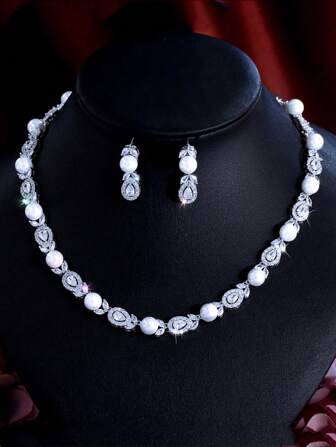 1 Set White Pearl Inlaid Cubic Zirconia Leaf Drop Earrings And Necklace, Silver Plated CZ Bridal Jewelry Set For Wedding, Engagement, Banquet, Party, Prom, Costume Accessories For Brides And Ladies