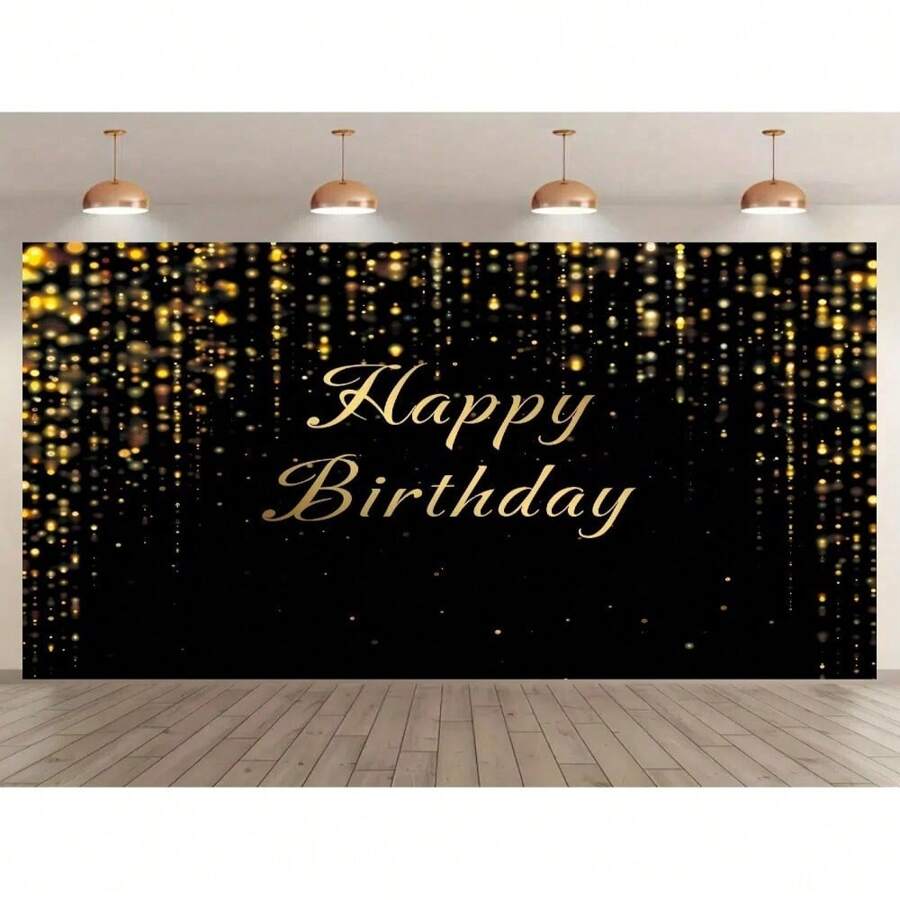 1pc Luxury Black Gold Happy Birthday Background Banner, Gold And Black Birthday Party Design, Suitable For Birthday And Party Decorations, Indoor/Outdoor Party Polyester Photographic Background