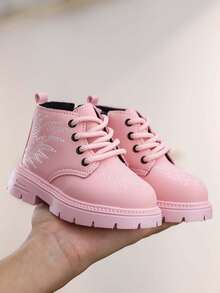 1 Pair Girls Embroidered Lace-Up Casual Ankle Boots, Suitable For Autumn/Winter