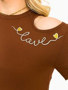 Cropped Blouse With Off-The-Shoulder Cutout, Shoulder Opening, With A Localized Print, Love Viscolycra, Asymmetrical, Blogger - Rust Brown - View 2