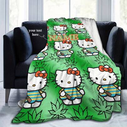 Sanrio Coperta da lancio Hello Kitty di Sanrio - Morbida, calda, coperta in pile, personalizzata con nome, motivo a foglie verdi, lavabile in lavatrice per tutte le stagioni, 1 pezzo