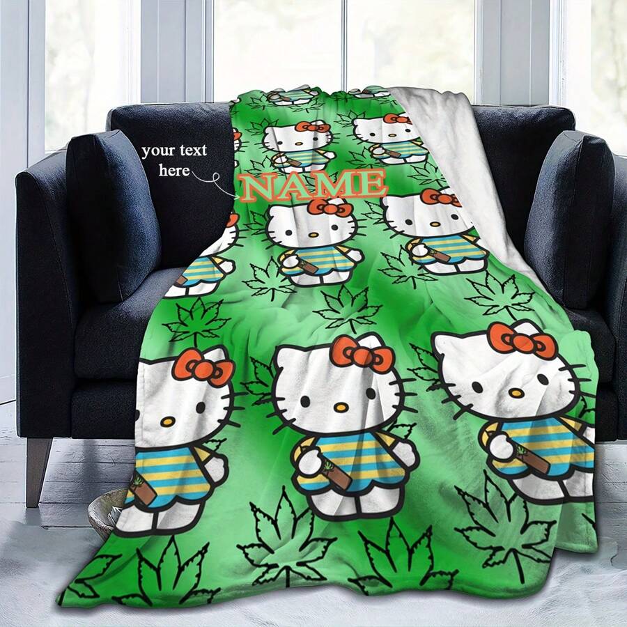 Sanrio Hello Kitty 毯子 - 柔软保暖，羊毛材质，可定制姓名和绿色叶子图案，适合所有季节，可机洗，1 件装。 - 紅色 - 查看 1