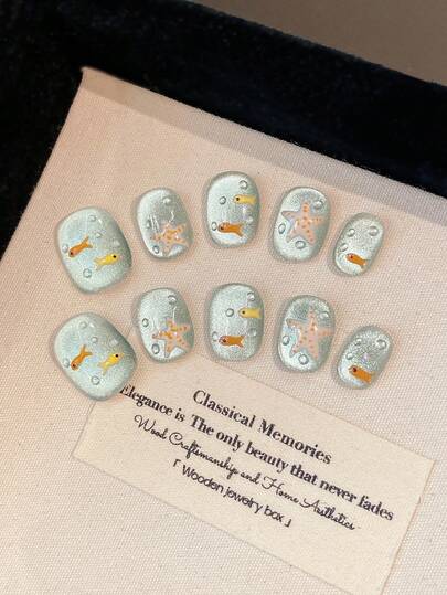 10pcs Handmade Press-On Nails, Summer Cooling Water Droplet Bubble Nail Art, Adorable Short Wearable Nails, Pink Glass Bead Cat Eye, Cute Little Fish On Fingertips, Mysterious & Dreamy Oceanic Blue, Joyful Nail Stickers, Nail Art Therapy, Reusable Handmade Handmade Press On Nails