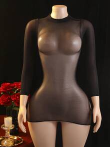 Long Sleeve Sheer Dress, Sexy Lingerie Jumpsuit, Polyamide Knit, Solid Color, No Padding, Adult Wear - 黑色 - 查看 3