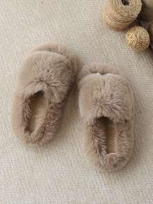 Zapatillas de casa de diseño minimalista y unicolor para niñas, de peluche, cálidas y suaves para el invierno - Caqui - Ver 6