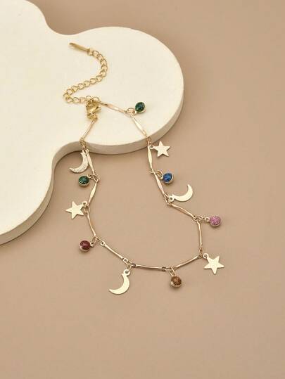 1 chiếc lắc chân/vòng tay thời trang bằng thép không gỉ thiết kế bầu trời sao & mặt trăng đầy màu sắc, trang sức vàng, trang sức bãi biển mùa hè cho nữ, charm, trang sức phương Tây, phụ kiện bãi biển cho nữ, quà tặng, quà sinh nhật