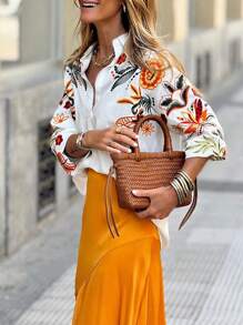 女士休闲宽松长袖印花衬衫，适合返校、万圣节、通勤、秋冬季