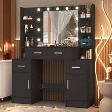 Black Dressing Table Makeup Vanity Desk With LED Lights Mirror, Drawers, Shelves, Storage Cabinets, LED Bulbs Mirror & 3 Color Modes Adjustable Brightness, Large Vanity Makeup Desk For Girls Bedroom, Modern Design Bedroom Furniture