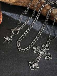 Bộ 3 dây chuyền OT hình ngôi sao lấp lánh phong cách Gothic cổ điển, dây chuyền thép không gỉ hình chữ thập lớn, dây chuyền , dây chuyền hình ngôi sao hình chữ thập lớn dành cho nam - Bạc - Xem 3