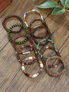 6pcs/Set Natural Coconut Shell & Wooden Bead Bracelet Set, Suitable For Daily Wear, Vacation, Travel Or Gift For Friends