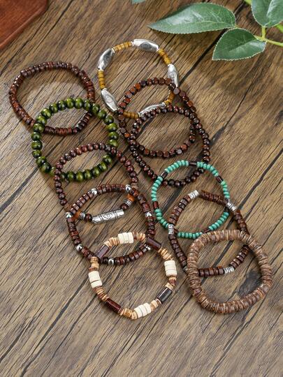 3/9pcs Natural Coconut Shell & Wooden Bead Bracelet Set, Suitable For Daily Wear, Vacation, Travel, Or Gift For Friends (May Have Slight Color Difference Due To Lighting During Photography)