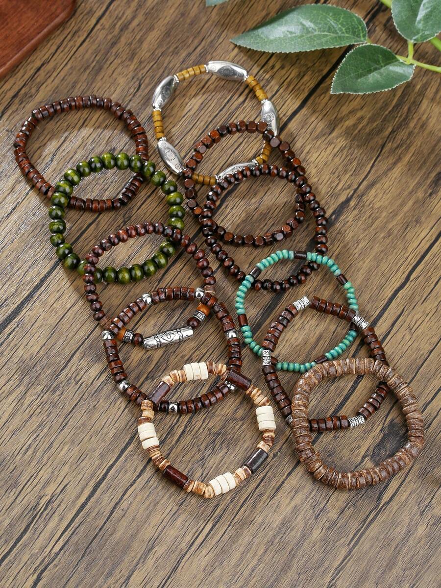 6pcs/Set Natural Coconut Shell & Wooden Bead Bracelet Set, Suitable For Daily Wear, Vacation, Travel Or Gift For Friends
