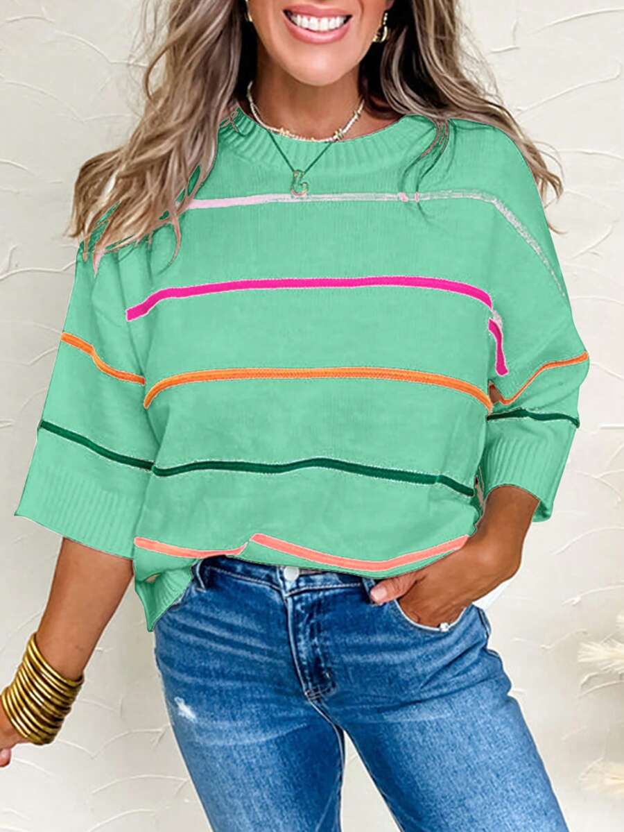 Acelitt Four Season Applicable Color Blocked Striped Seven Quarter Sleeve Off Shoulder Ribbed Round Neck Casual Knitted Top