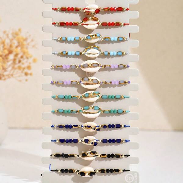 1pc Minimalist Boho Shell & Crystal Beaded Bracelet For Women, Beach Vacation