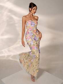 优雅花卉刺绣奢华无袖连衣裙，浪漫迷人的派对礼服 - 紫色 - 查看 6