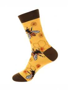 蜜蜂印花男士中筒袜 蜂窝与花卉图案休闲中筒袜 - 彩色 - 查看 4