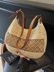 女士镂空单肩包可调节肩带草编旅行手提包时尚托特包女士夏季日常包女士草编沙滩包波西米亚镂空编织手提包大容量手提包PU单肩包斜挎托特包度假