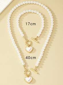 2 pezzi/Set Gioielli da donna, Set Collana e Braccialetto con Ciondolo a Forma di Cuore e Perle, Stile Bohémien, Adatto per Spiaggia, Feste, Uso Quotidiano Casual - Bianco - Visualizzare 5