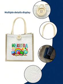 1Pc Teacher Pattern Printed Tote Bag With "Maestra" Letter Print, Reusable Printed Women'S Tote Bag, Large Capacity Handbag, Casual Tote Bag, Suitable For Commuting, School And Shopping, Convenient For Outdoor Use, Suitable For Mom - Multicolor - View 7