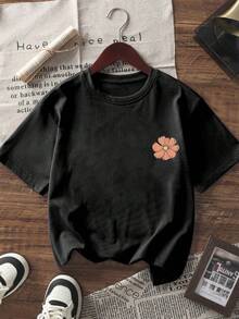 1 chiếc áo thun ngắn tay in họa tiết nhiệt đới dành cho bé gái tuổi teen, kiểu dáng thoải mái và thời trang cho mùa hè. - màu đen - Xem 4